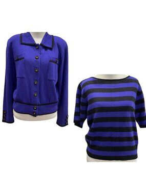 Vtg 80s San Remo Knit Cardigan Striped Top Set PM Blue Black Retro Twee Preppy